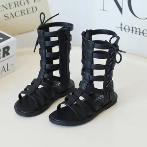 Fashionable black high-top gladiator sandals for girls with back lace-up and zipper detail