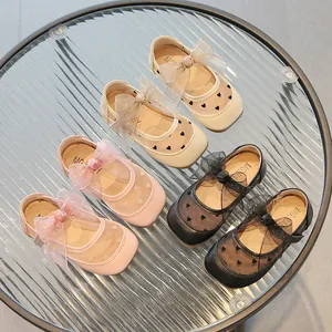Scarpe Mary Jane per Bambine in Maglia Traspirante con Stampa a Cuori Scarpe da Principessa con Grande Fiocco Ballerine per Festa Matrimonio