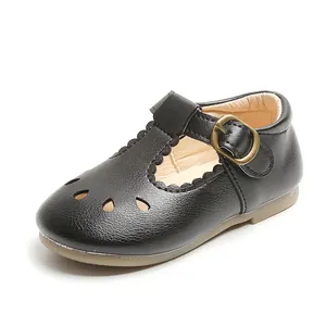Zapatos clásicos de piel negra con correa en T para niños pequeños y suela suave flexible
