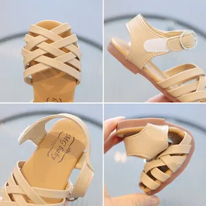 Sandali da bambina in pelle intrecciata beige con suola flessibile antiscivolo