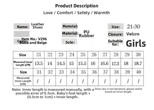 Detailed size chart for girl's princess shoes showing internal measurements for sizes 21-30