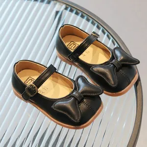 Girls black Mary Jane shoes with bow detail and non-slip sole for spring and autumn
