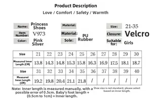 Tableau des tailles détaillé pour chaussures de princesse avec mesures en CM et détails en PU