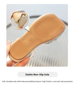 Détail de la semelle en caoutchouc souple antidérapante des chaussures à strass fille