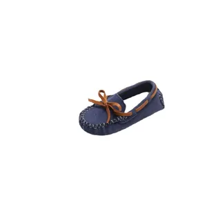 Classic dark blue soft-sole toddler moccasins with cute brown leather bow detail