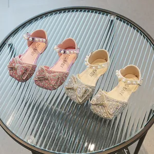 Chaussures de Princesse pour Filles Paillettes Strass Nœud Mary Jane pour Mariage Fête Sangle de Künstliche Perles Chaussures Plates Enfants