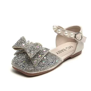 Chaussures princesse argentées pour filles avec nœud pailleté et bride cheville en perles