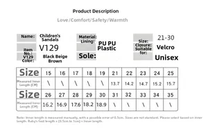 Tabella taglie sandali per bambini con materiale in PU e lunghezze interne da 21 a 30