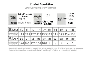 Guide des tailles pour chaussures de princesse en cuir PU filles, tailles du 15 au 30