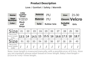Girls mesh sandals size chart with inner lengths and measurement guide for leather shoes