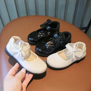 Girls Mary Jane Patent Leather Shoes Bow Mesh Princess Shoes Soft Sole Hook And Loop School Wedding Party Flats For Kids