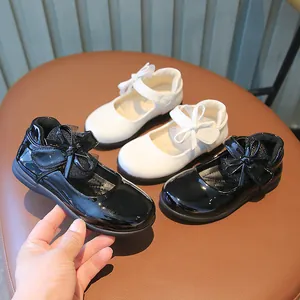 White and black girls Mary Jane patent leather shoes with bow knot and mesh detail