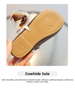 Detail of soft brown children's shoe showing flexible gum rubber sole and anti-slip patterns