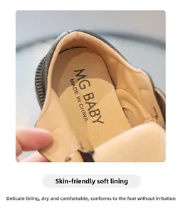 Close-up of skin-friendly soft lining and branded interior of retro leather children shoes