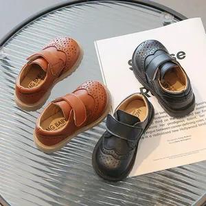 Kids PU Leather Brogue Shoes Retro British Style Velcro Formal School Dress Shoes For Boys Girls