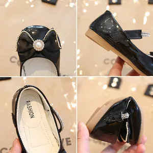 Chaussures vernies noires pour filles avec nœud délicat et semelle souple flexible