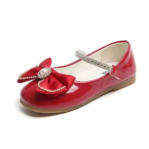 Chaussures Mary Jane en cuir verni rouge pour filles avec nœud strass et perle