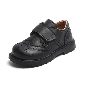 Classic black Brogue leather shoes for kids with velcro strap and anti-slip rubber sole