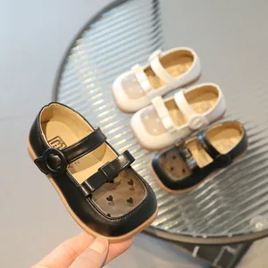Girls' Mary Jane mesh heart sandals with bow and square toe design in black and white