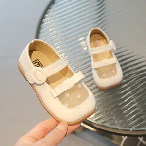 Girls cream white mesh sandals with heart pattern and cute bow for summer princess style