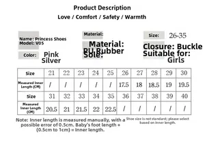 Guide des tailles pour chaussures princesse fille détaillant les longueurs de 26 à 35