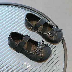 Chaussures Mary Jane noires matelassées pour filles avec nœud élégant et semelle antidérapante