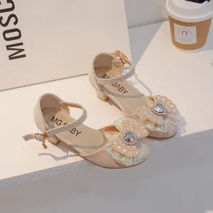 Chaussures princesse beige pour filles avec nœud en strass et bride de cheville