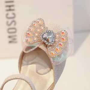 Chaussures princesse dorées pour filles avec nœud scintillant et cœur en strass