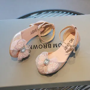Chaussures princesse roses pailletées pour filles avec nœud en résille, perles et strass