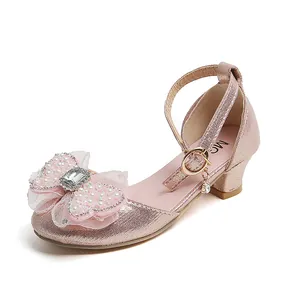 Chaussures princesse roses pour filles avec nœud en perles et talons strass