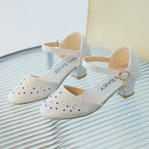 Chaussures Mary Jane argentées à paillettes pour filles avec strass et talons