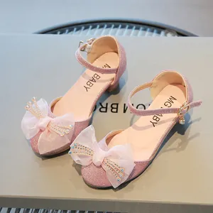 Scarpe da principessa rosa con paillettes per bambina con fiocco di strass e suola