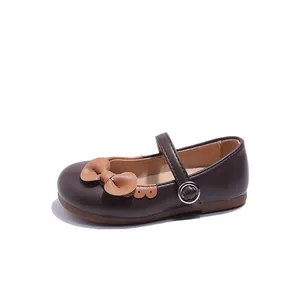 Klassische dunkelbraune Mary Jane Schuhe für Mädchen mit Schleife und Gummisohle