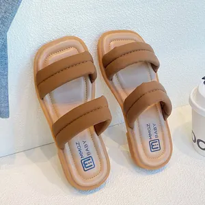 Girls brown double strap puffy slide sandals with soft anti-slip sole for summer outdoor wear