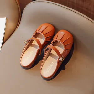 Brown girls Mary Jane mules with pleated leather design and gold decorative beads