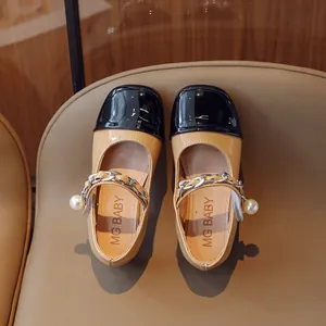 Kids khaki and black patchwork Mary Jane leather shoes with pearl chain detail