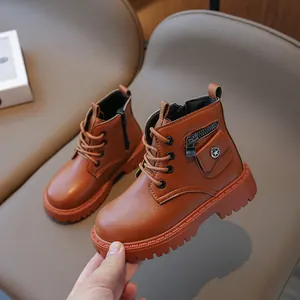 Bottines marron pour enfants avec poche latérale étoile et semelle épaisse antidérapante