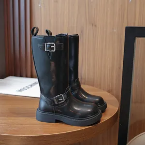 Kids Girls Fashion Black Long Boots Side Zipper PU Leather Warm High Top Boots With Metal Buckle Anti Slip Sole