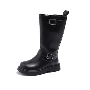 Classic girls black leather mid-calf boots with stylish double silver buckle strap details