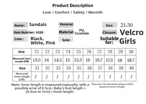 Tableau des tailles détaillé pour sandales filles avec guide de mesure et détails du matériau