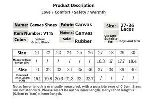 Size chart for kids canvas shoes showing dimensions from 27 to 36 with inner length in cm