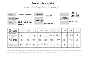 Size chart and technical specifications for girls' casual breathable summer sandals