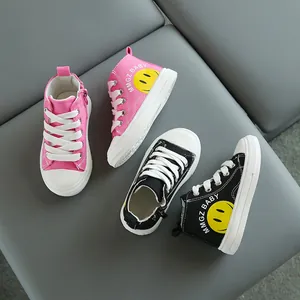 Scarpe di Tela High Top per Bambini Design Faccina Sorridente Con Cerniera Laterale Sneakers Casual Traspiranti per Ragazzi Ragazze Suola in Gomma Antiscivolo