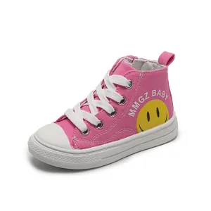 Sneakers alte in tela rosa per bambini con faccina gialla e zip laterale