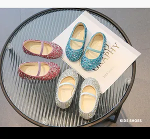 Close-up of sparkling sequin Mary Jane princess shoes in pink, blue, and silver options