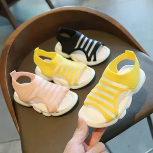 Girls Breathable Flyknit Sandals With Soft Anti-Slip Sole Striped Hollow-Out Summer Casual Beach Shoes For Toddler Kids