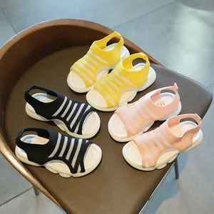 Girls summer mesh beach sandals in yellow, black and pink with thick rubber soles