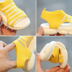 Breathable yellow knit girls sandals with flexible thick rubber sole for beach and casual wear