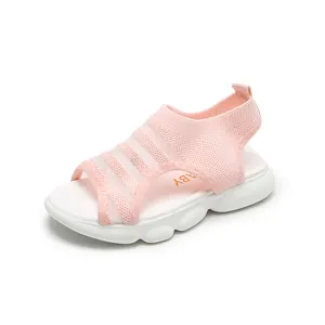 Pink knit mesh toddler girls sandals with thick white soft sole for summer beach walking