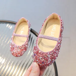 Pink sequin Mary Jane flats for girls featuring soft soles and elastic straps for comfort
